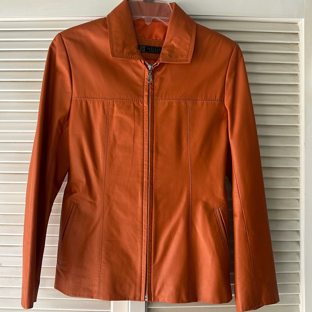 Burnt Orange Vitello Leather Jacket. Small to Medium.